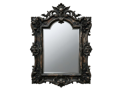 Gothic black vintage wall mirror with skull ornament isolated on transparent background. Useful for dark fantasy and.