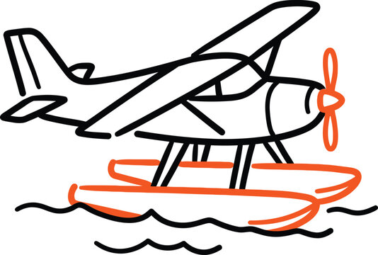 Seaplane on pontoons representing coastal aviation and water landing, black and orange hand-drawn outlined icon