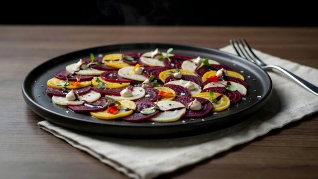 Beetroot carpaccio concentric circles on black plate &ndash; Ideal for vegan fine dining, gourmet appetizers, or culinary arts.