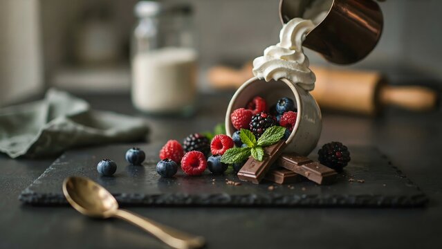 Dessert ingredients with berries, chocolate, and mint &ndash; Ideal for pastry background, recipe cover, or sweet ingredients.