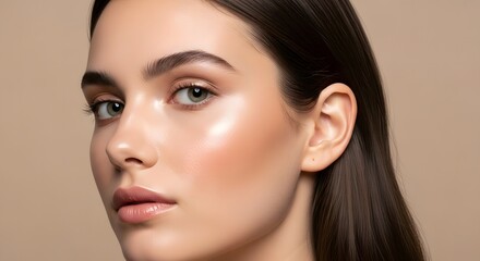 Fototapeta premium A close-up portrait of a young woman with a neutral expression, highlighting her natural features and glowing skin against a beige background.