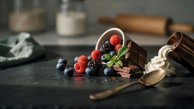 Fresh berries with dark chocolate and cream still life &ndash; Perfect for dessert branding, food photography, or culinary arts.