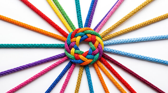 Colorful ropes braided in a circle. Connected cords representing unity and teamwork.