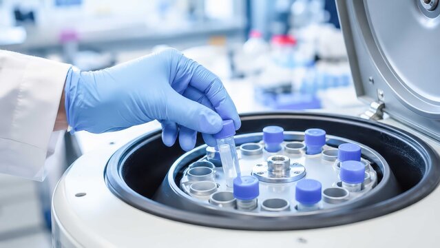 Close-up of a gloved hand placing a test tube into a laboratory centrifuge. The centrifuge is open, revealing multiple slots for vials, and the background shows scientific equipment