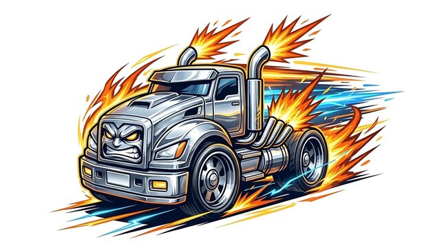Stylized cartoon semi-truck with speed flames.