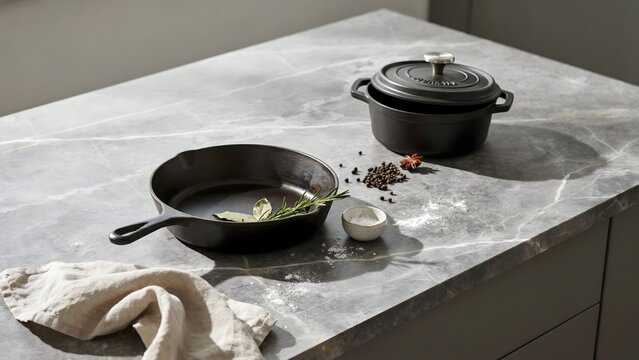 Black cast iron cookware set with spices and herbs &ndash; Suitable for culinary product design, home cooking, or recipe blogs.
