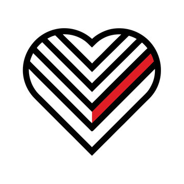 Heart shape graphic with internal chevron lines featuring single red accent stroke representing love passion emotion romantic symbol.