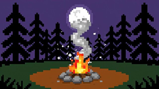 Pixel art campfire glowing in forest under full moon night sky retro style outdoors