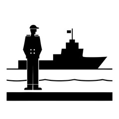 Obraz premium Minimalist icon of naval officer standing on pier edge with large military ship docked in background representing harbor patrol.