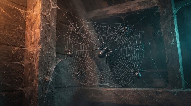 Dark corner with plastic spider and web in an abandoned wooden structure for Halloween