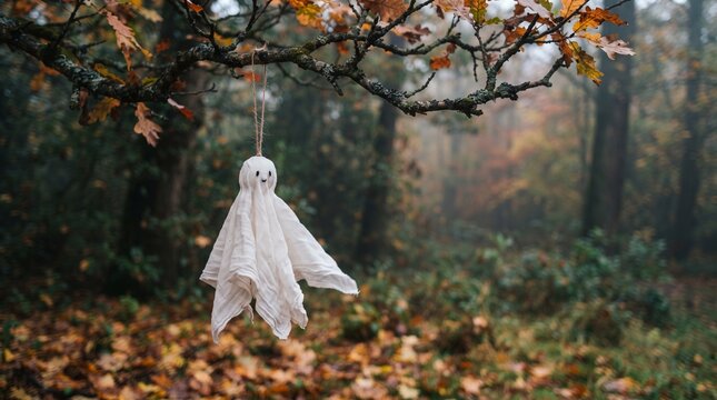 Ghost decoration hanging from tree branches in autumn forest for Halloween