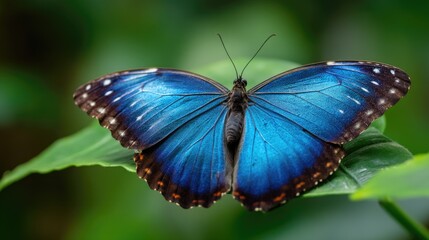 Naklejka premium Vibrant Blue Butterfly Resting on Green Leaf in Natural Habitat with Smooth Wings and Intricate Patterns