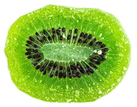 High-resolution macro photography of a vibrant green dried kiwi slice isolated on white.