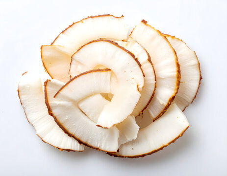 High-resolution macro photography of roasted coconut chips isolated on a white background.