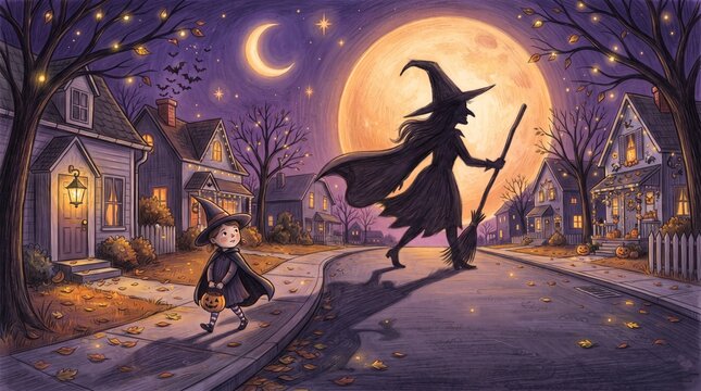 Young child walking on street with witch under full moon at night for Halloween