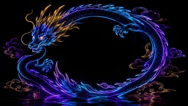 流れるようなネオン光を放ち美しい円を描く幻想的な昇り龍