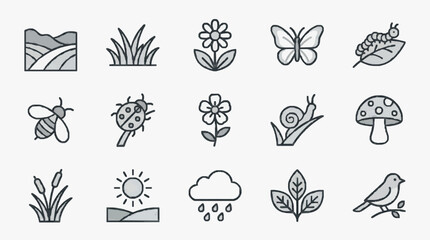 Sleek Minimalist Line Drawing Set of Nature Icons and Elements in Monochrome Shades with high quality professional line art symbols for modern creative design and digital branding projects © Rita