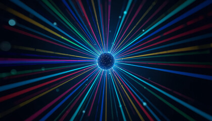 Fototapeta premium Abstract light rays exploding from center. Digital tunnel effect with colorful neon lines.