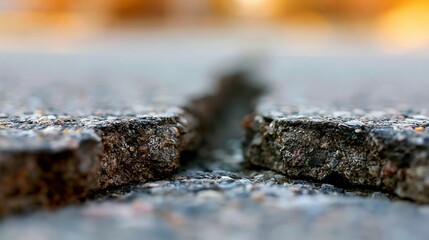 Fototapeta premium Close-up view of cracked asphalt showing weathered texture and details of erosion.