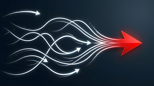 Multiple glowing white arrows converge into a single bright red arrow on a dark background. Synergy and focus concept for business.