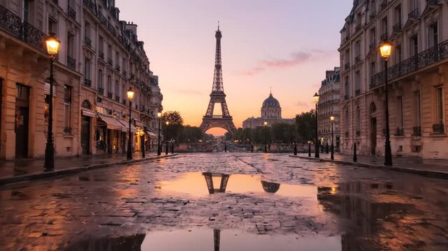 Eiffel Tower Paris Street Sunrise Reflections Wet Cobblestones Cityscape