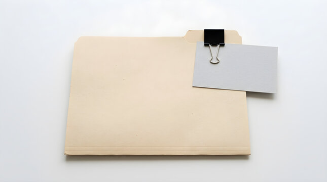 A manila folder with a blank card clipped to it is isolated on a white background. Great template for office document management.