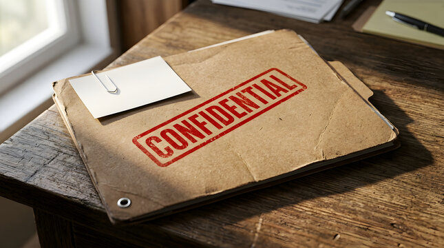 A confidential brown paper file folder with a red stamp resting on a wooden desk. Ideal for security and corporate compliance concepts.