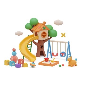 Colorful 3D Rendered Childrens Playground with Treehouse Slide and Swings.