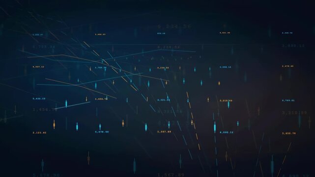 Abstract digital financial data visualization with glowing blue and orange lines on dark background