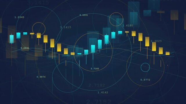 Abstract Digital Financial Chart with Blue and Gold Candlestick Graph and Floating Data Numbers