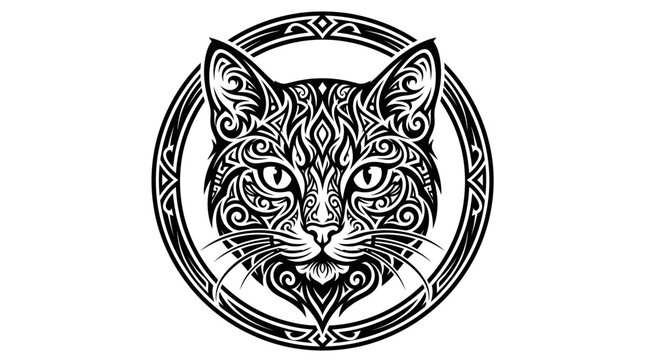 Intricate tribal cat head mandala circular design.