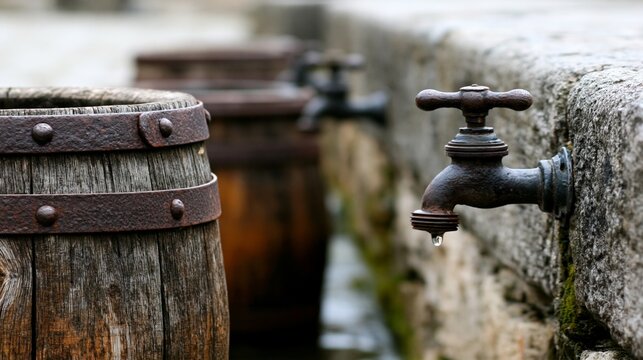 Rustic wooden barrels with metal taps along a stone wall near flowing water.