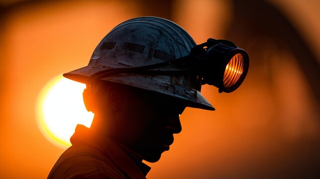 Silhouette of a miner wearing a helmet against a stunning sunset backdrop.