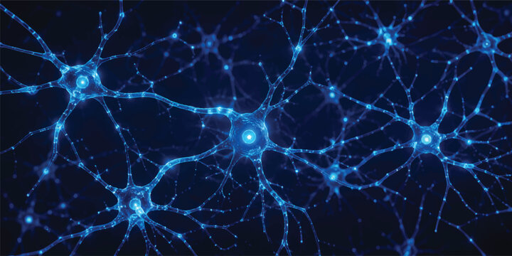 Abstract Glowing Blue Neuron Cell Network with Synapse Connections, Artificial Intelligence, Neural Communication, Medical Science Technology Background