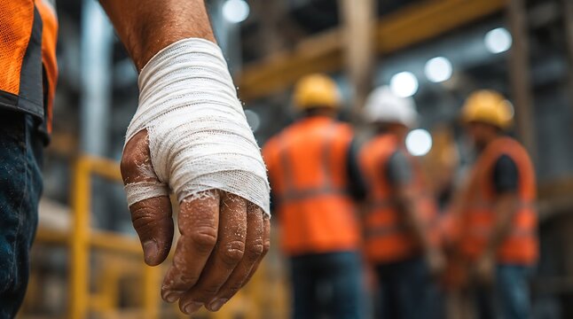 Bandaged hand of injured construction worker in industrial setting, blurred background of other workers.