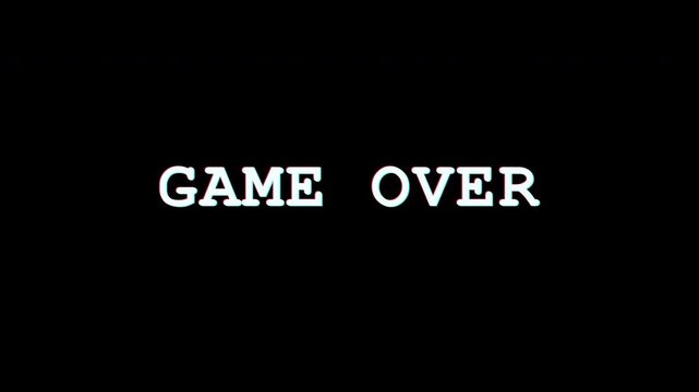 Retro game over screen with glitch effect on black 4k