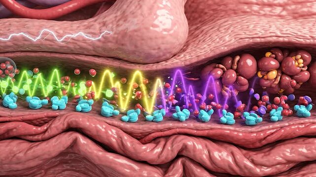 Cellular Signaling Pathway A vibrant abstract visualization of a cellular process depicting molecular interactions and signaling pathways within a biological system