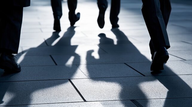 Silhouettes of business professionals walking on a modern urban pavement.
