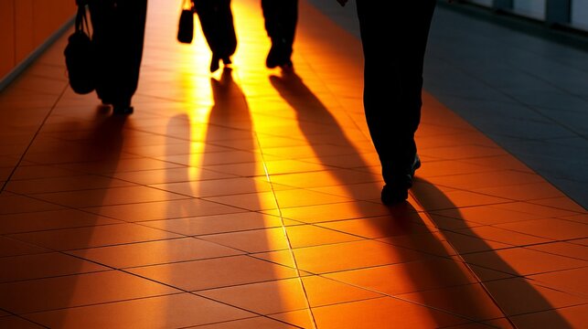 Silhouettes of people walking on a vibrant floor with warm sunset lighting.