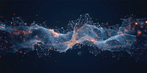 Abstract Futuristic Digital Mesh Wave with Glowing Data Flow, AI Neural Network, Wireframe Connection, Big Data Technology Background ©  TechFlow Studio