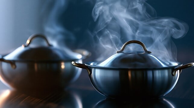 Steam rising from silver pots, creating a warm and inviting kitchen atmosphere.