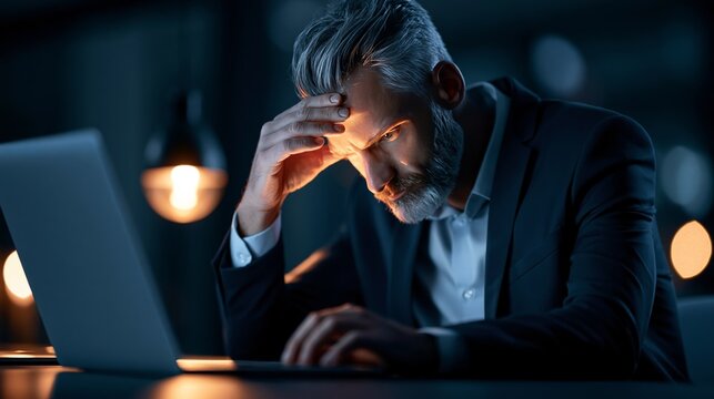 Stressed businessman working late at night, focused on a laptop screen.