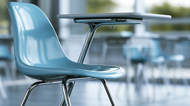 Stylish blue chair and desk in a modern classroom setting with natural light.