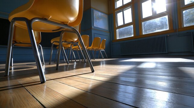 Sunlit classroom with empty yellow chairs casting long shadows on wooden floor.