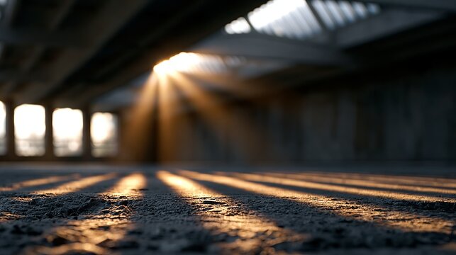 Sunlight beams create patterns on a textured floor in an industrial space.
