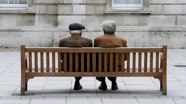 Two elderly men sit quietly on a bench, enjoying a peaceful moment together.