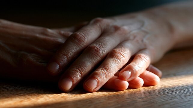 Two hands gently clasped together, symbolizing connection and support.