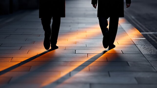 Two individuals walking on a city sidewalk, casting shadows at dusk with soft lighting.