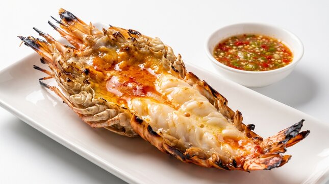 Grilled giant river prawn with melted creamy tomalley served with spicy seafood dipping sauce on white plate.