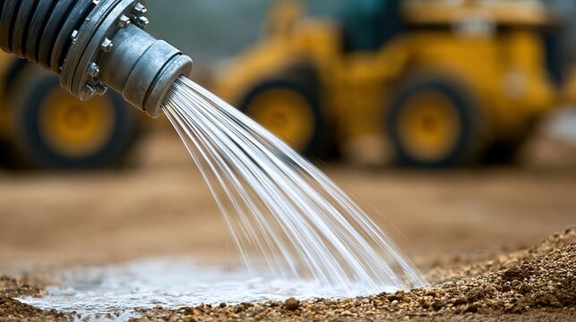 Water is discharged from a pipe onto a construction site, creating a muddy surface.